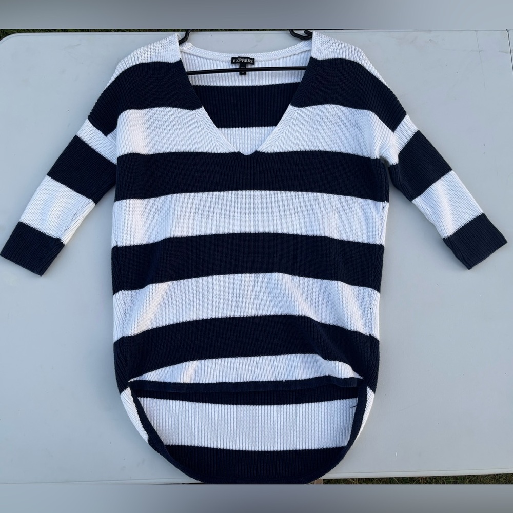 Express Black and White Striped V-Neck Sweater